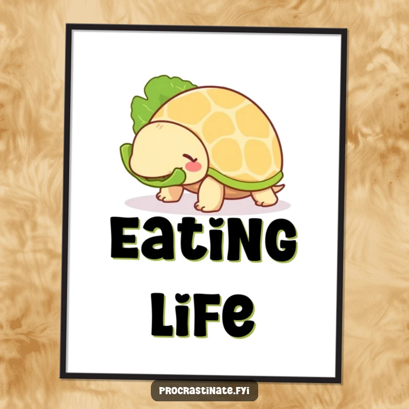 Funny Turtle Poster: A chill turtle slowly eats a large lettuce leaf, showcasing humor and a relaxed pace of life.