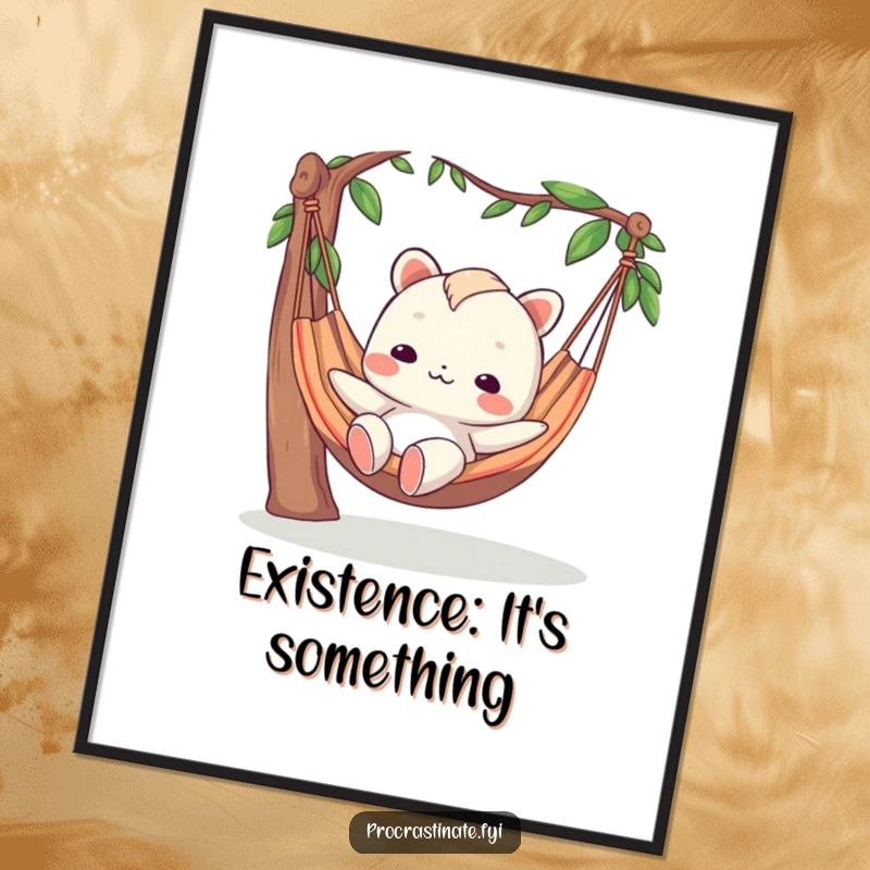 Funny poster artwork of a creature with a blank expression, relaxing in a hammock, conveying a peaceful and humorous mood.
