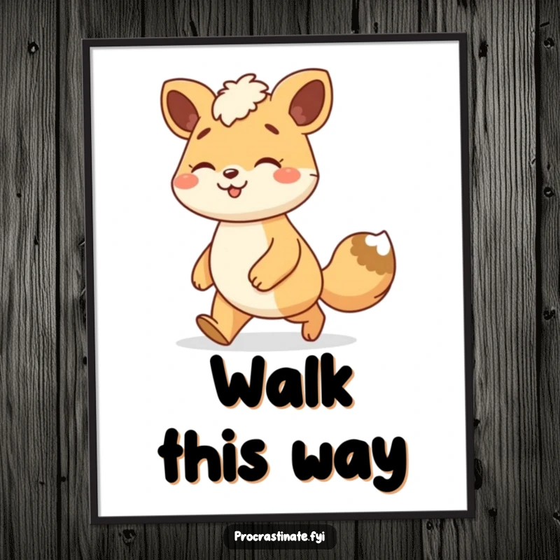 Funny animal character poster featuring a smiling creature enjoying a leisurely stroll with a relaxed gait, perfect for peaceful decor.