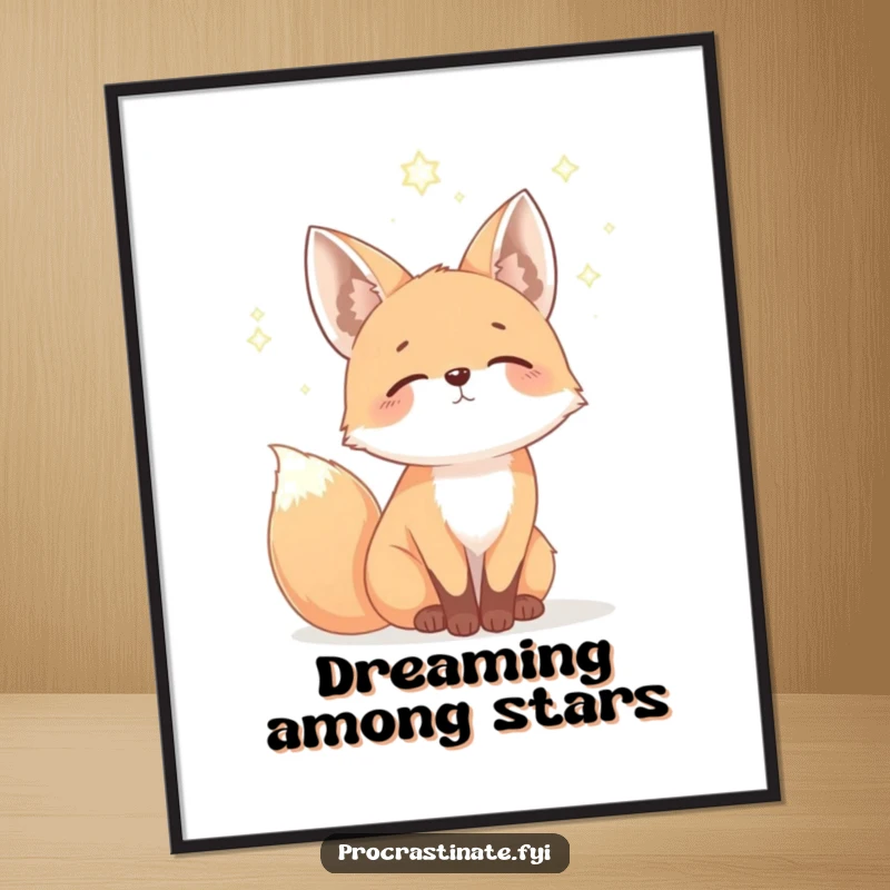 Funny fox poster capturing a mellow fox gazing dreamily at a starry sky, ideal for whimsical and humorous wall decor.
