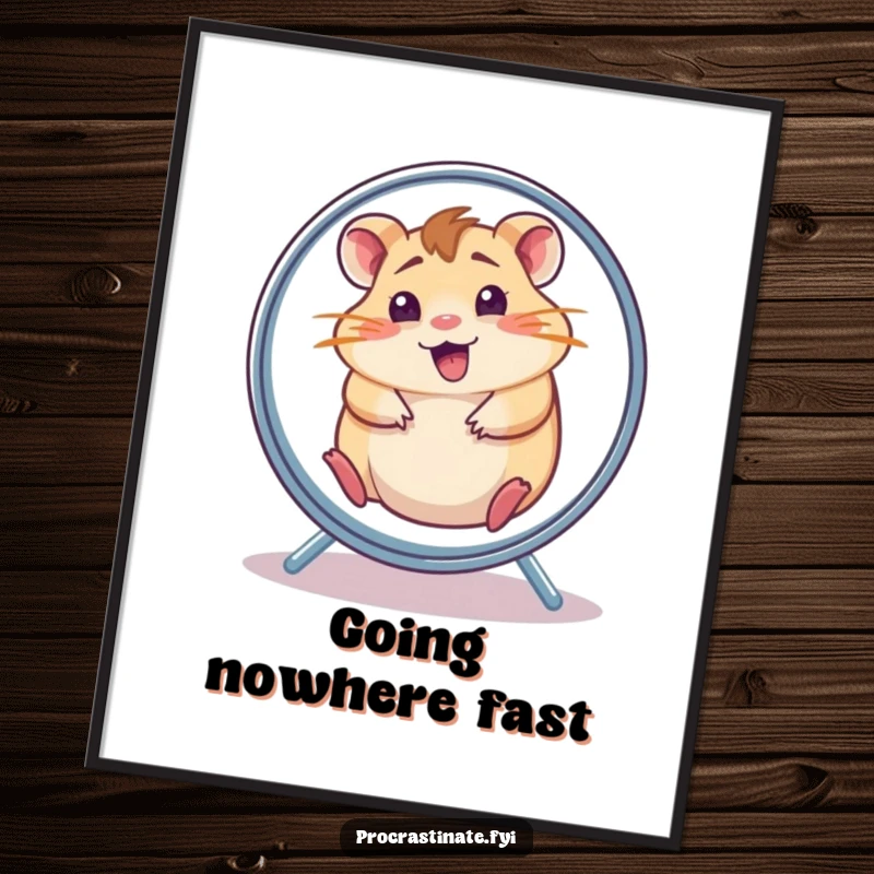Funny hamster poster art of a cheerful, dazed hamster spinning energetically in its wheel, capturing pure, chaotic fun.