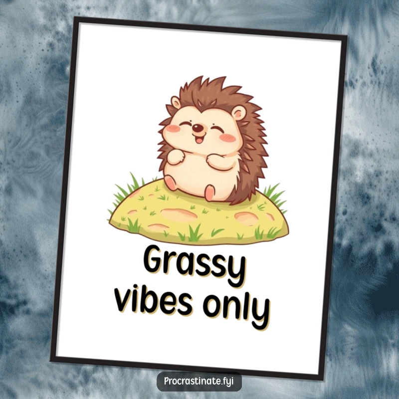 Funny poster print of a joyful hedgehog rolling relaxed down a small grassy hill, ideal wall art.