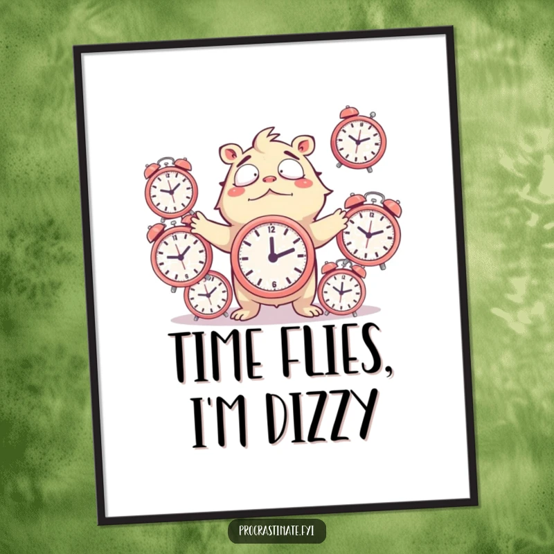 Funny Poster of a creature comically juggling alarm clocks, looking stressed but amused, adding chaotic humor to any room.