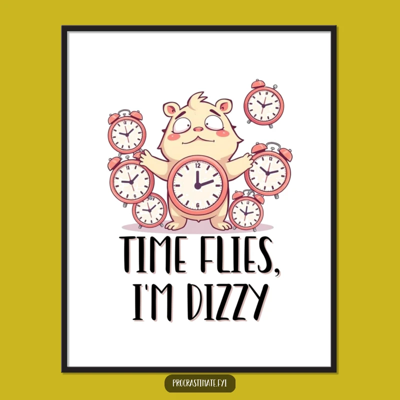 Funny Juggling Clocks Poster: Chaotic Creature Art, Hilarious Decor for Busy Spaces