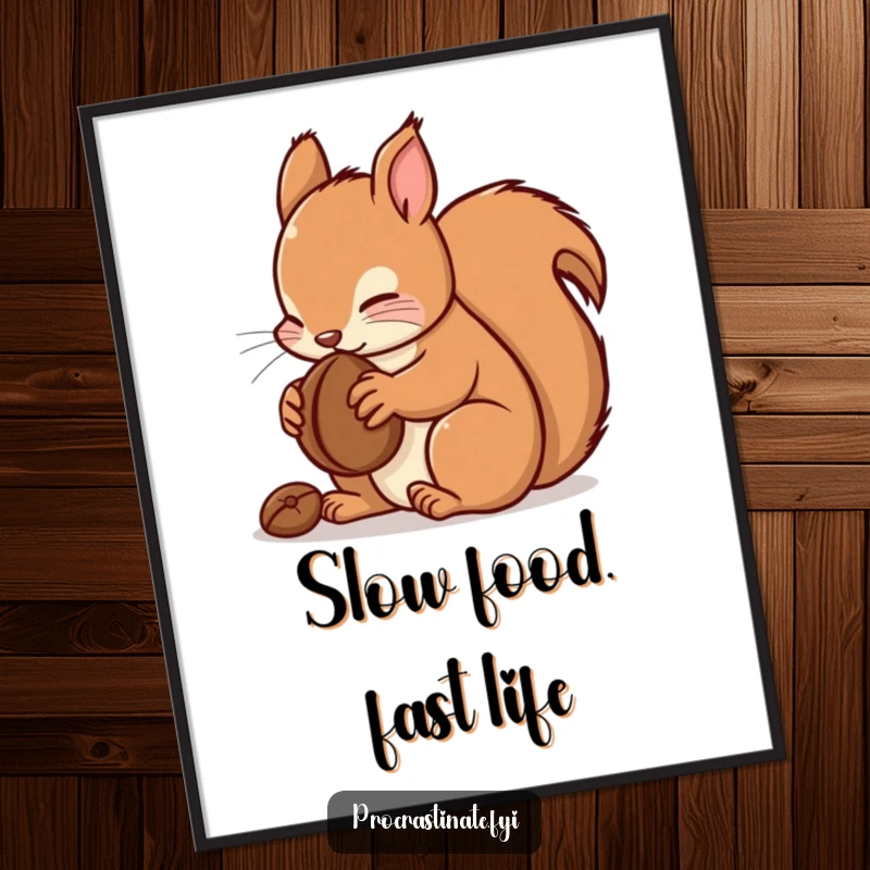 Funny kawaii squirrel poster displaying a cute squirrel focused on munching a nut, adding a touch of humor and charm.