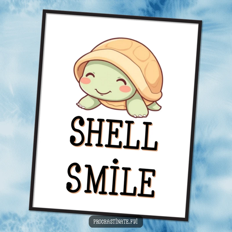 Funny mellow turtle with a serene smile emerging from its shell, perfect for peaceful wall art.