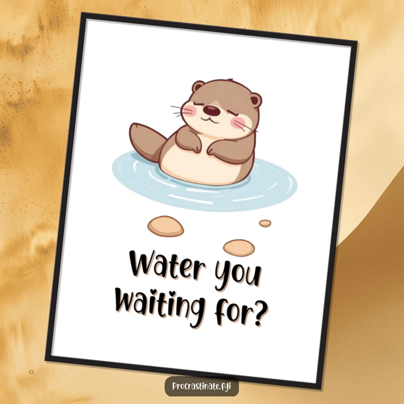 Funny otter floating peacefully on its back in a calm stream, looking utterly relaxed and happy on this charming wall art.