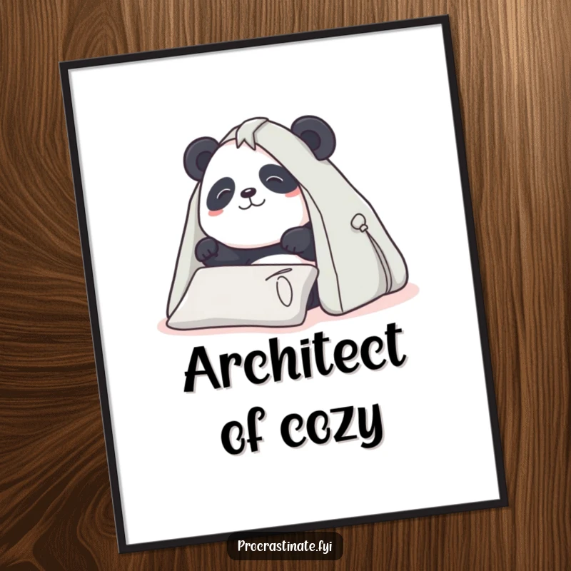 Funny Panda Poster: Determined panda building a pillow fort, whimsical art, perfect for room decor, great funny gift.