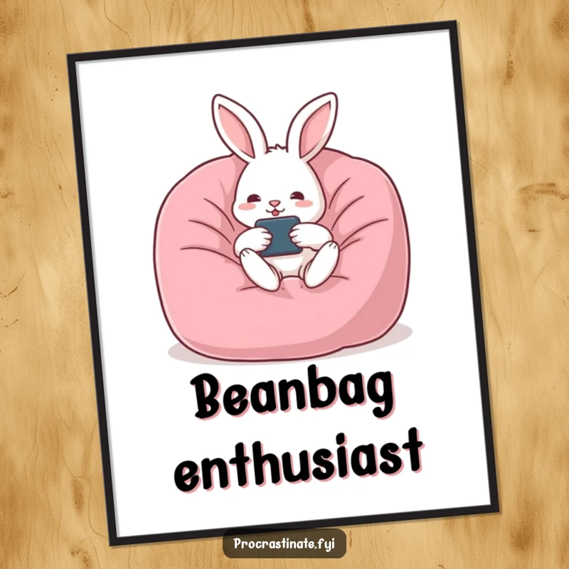 Funny rabbit poster art of a rabbit chilling in a beanbag chair, remote in paw, embodying the epitome of relaxed contentment.