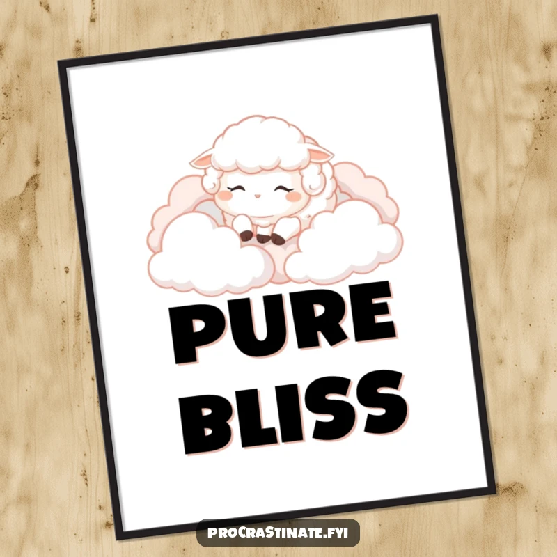 Funny Sheep Poster: A serene fluffy sheep rests on soft clouds, evoking a sense of utter peace and happy dreams.