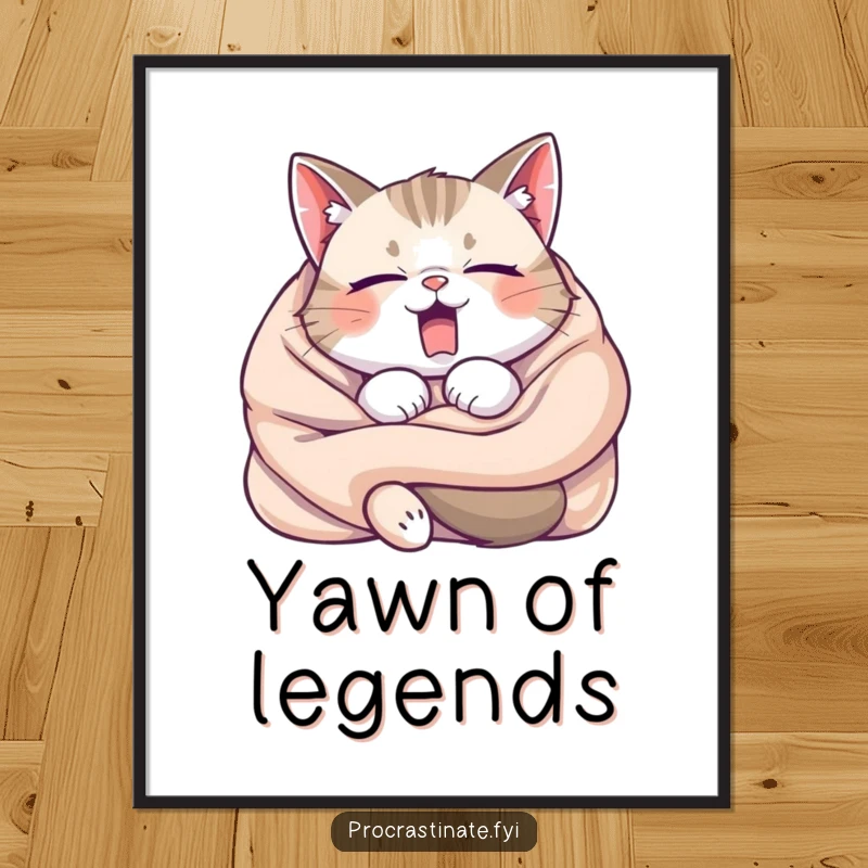 Funny Sleepy Cat Yawning Poster, a cat in a blanket yawning, adding a humorous and cozy touch to wall decor.