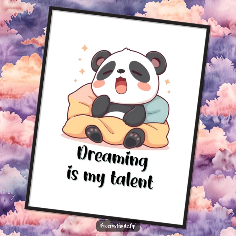 Funny poster of a sleepy panda with a wide yawn, nestled amongst pillows and blankets, creating a cozy and serene atmosphere.