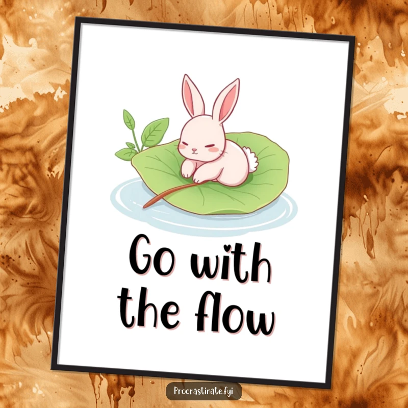 Funny rabbit poster showing a languid rabbit floating on a giant leaf in a calm pool, adding serene and humorous art.