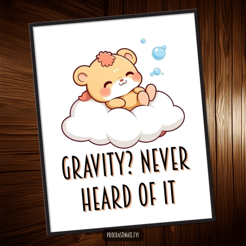 Funny Poster art of a cute animal character blissfully lounging on a cloud, cheerfully blowing bubbles, adding whimsical charm.