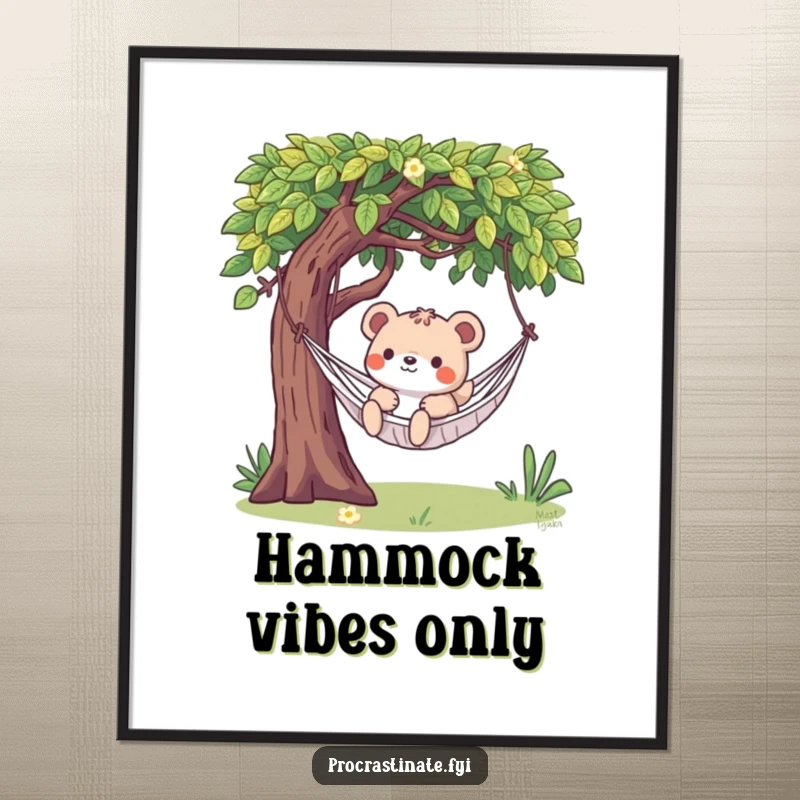 Funny poster featuring a playful animal character enjoying a peaceful, lazy swing on a hammock strung between trees.