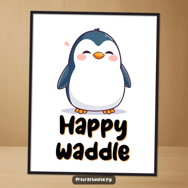 Funny Penguin Poster: A happy penguin waddles slowly with a contented sigh, radiating pure joy and gentle humor.