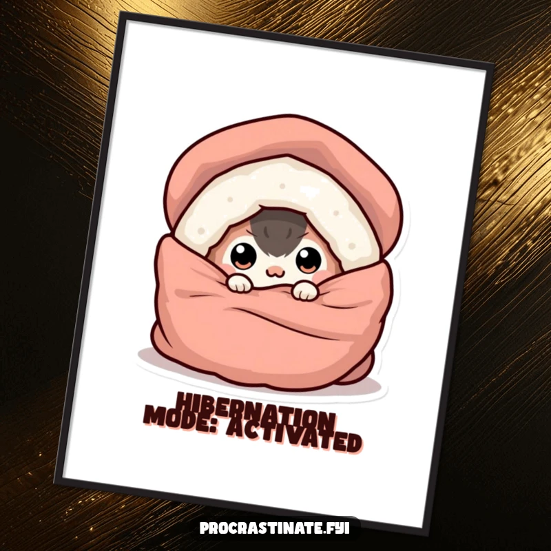 Funny wall art poster of a round creature peeking out from under a blanket, evoking feelings of comfort and introversion.