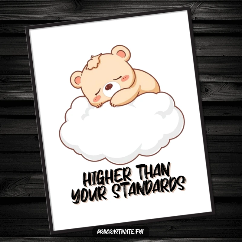 Funny sleepy bear cub napping peacefully on a giant cloud, displayed as a delightful wall art poster.