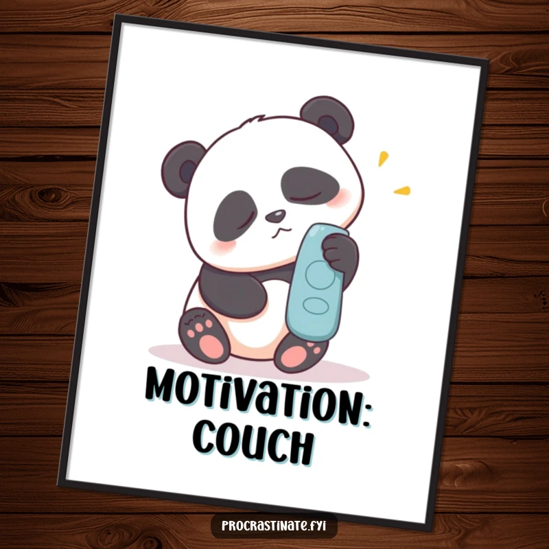 Funny poster print of a sleepy panda trying with great effort to reach a remote control, humorous wall art.