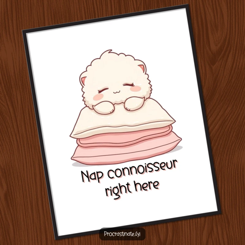 Funny Poster of a fluffy creature peacefully sleeping on pillows, with a soft smile, creating a serene and relaxing display.