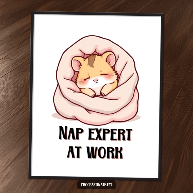 Funny kawaii hamster deeply asleep amidst soft blankets, a heartwarming and cute wall art poster.