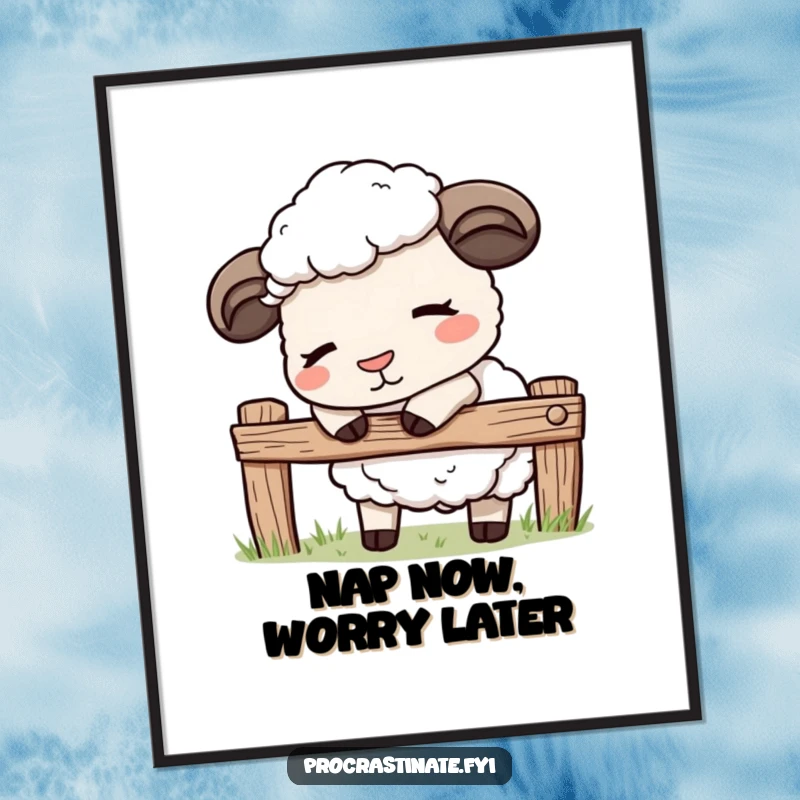Funny kawaii sheep poster depicting a cute sheep gently nodding off while leaning on a fence, adding tranquility and humor.