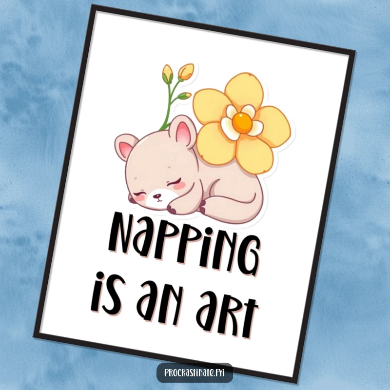 Funny Poster art of a lazy animal character napping peacefully under a vibrant blooming flower, evoking calm and rest.