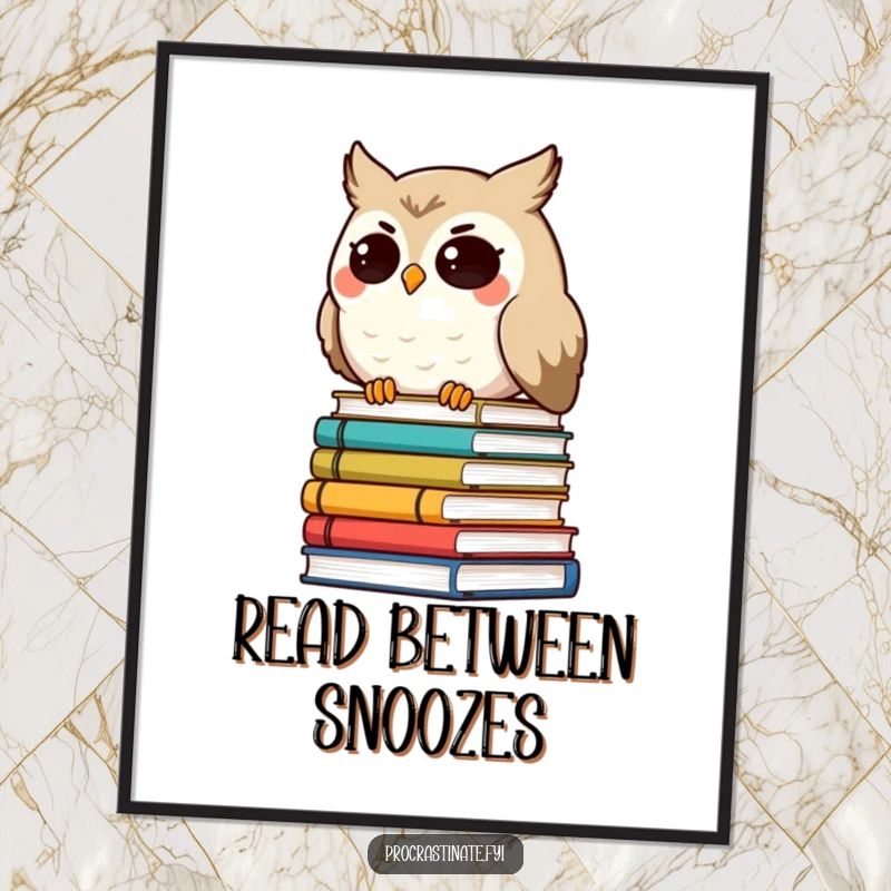 Funny smiling owl character with droopy eyes, leaning on a tilted stack of books, charming and funny wall art for bibliophiles.