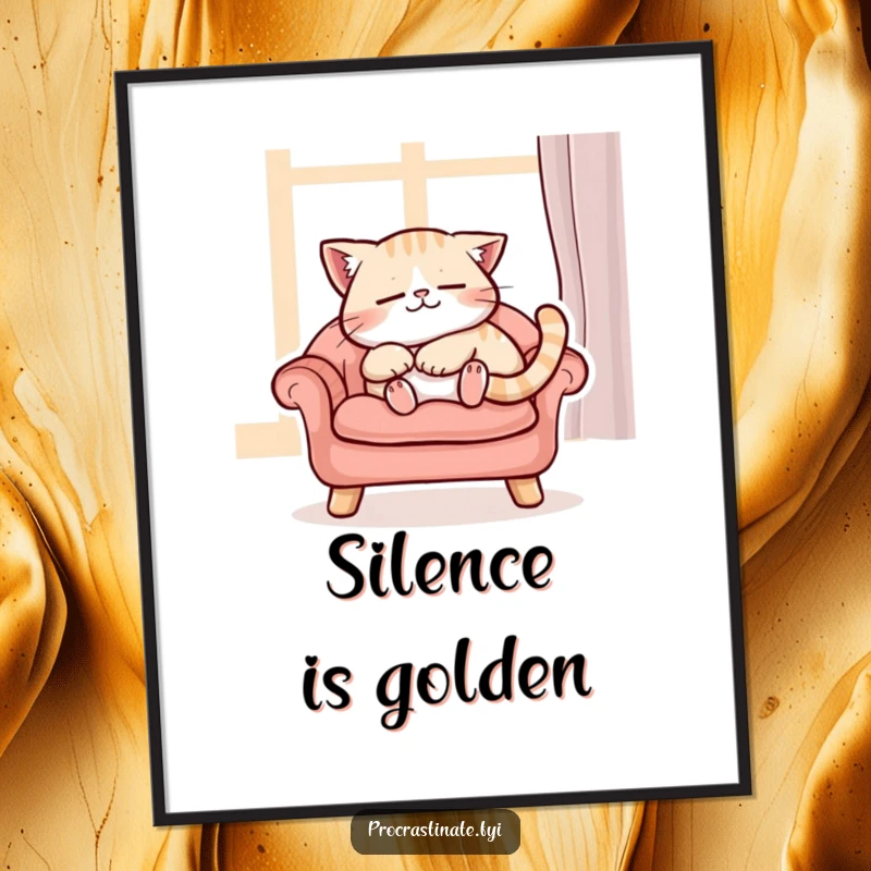 Funny content cat character purring while napping peacefully on a cushioned chair, cute and funny wall art for a relaxed vibe.