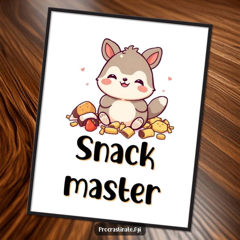 Funny poster of a happy animal character looking extremely pleased, surrounded by a joyful chaos of empty snack packages.