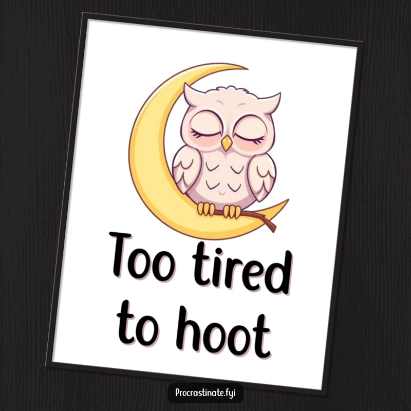 Funny sleepy owl perched on a glowing crescent moon, gently nodding off with half-closed eyes on this delightful wall art.