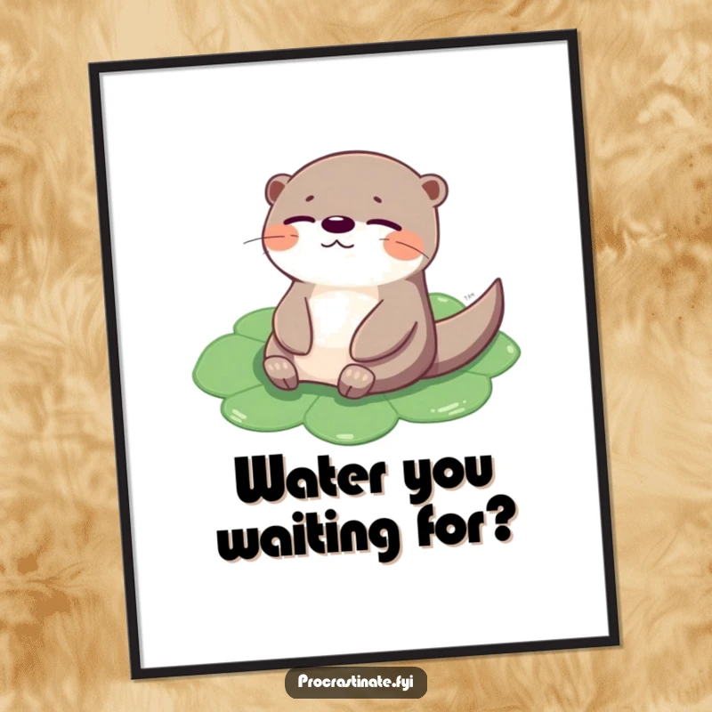 Funny otter poster art of a cheerful creature peacefully floating on a lily pad, eyes closed, perfect for serene decor.