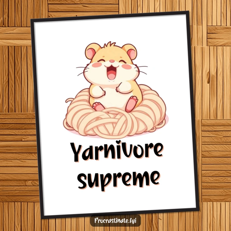 Funny giggling hamster character rolling happily in a pile of soft yarn, cute and funny wall art for any cozy space.