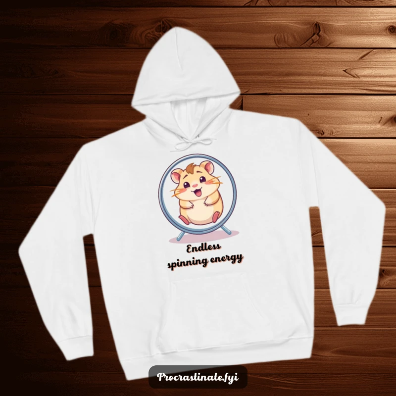 Funny hamster hoodie showing a cheerful, slightly dazed hamster spinning rapidly inside its wheel, symbolizing boundless energy.