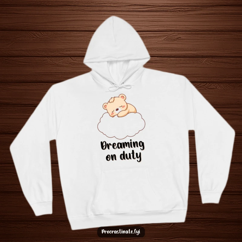 Funny sleepy bear cub taking a nap on a huge fluffy cloud, printed on a warm and cozy hoodie.