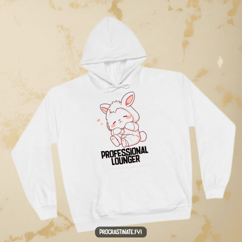 Funny bunny in pajamas stretching lazily, looking super content, printed on a warm and cozy hoodie.
