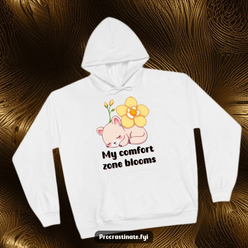 Funny Hoodie depicting a lazy animal character napping peacefully under a blooming flower, offering cozy relaxation vibes.