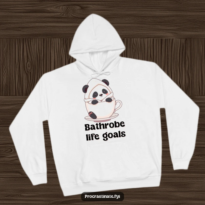 Funny Panda Bathrobe Hoodie: A panda in a fluffy bathrobe relaxes in a teacup, offering warmth and humorous comfort.