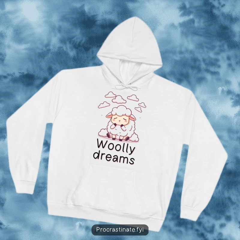 Funny dozing sheep counting fluffy, stylized clouds, embodying ultimate coziness and dreaminess in a hoodie design.