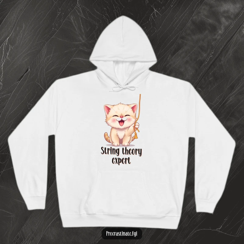 Funny giggling kitten playfully batting at a dangling string of yarn, printed on a warm and cozy hoodie.