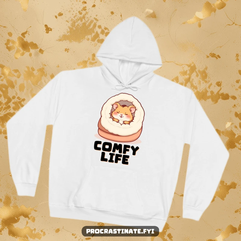 Funny happy hamster nestled asleep inside an oversized slipper, embodying warmth and comfort in a hoodie design.