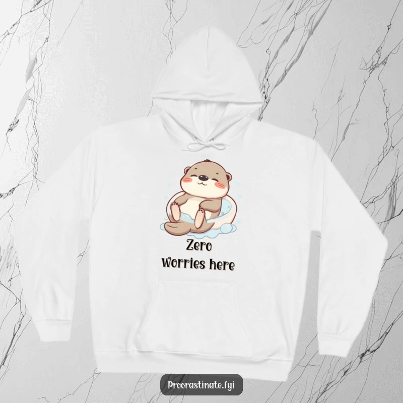 Funny hoodie depicting a serene otter character floating peacefully on its back amidst a sea of bath bubbles, pure relaxation.