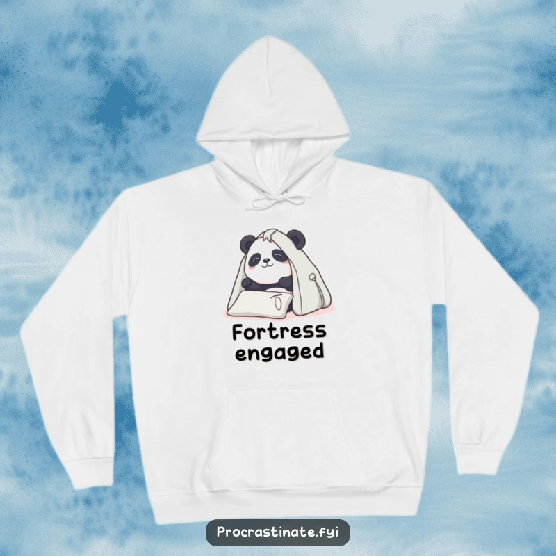 Funny Panda Hoodie: Determined panda building a pillow fort, soft and warm, cozy comfort, perfect funny gift.