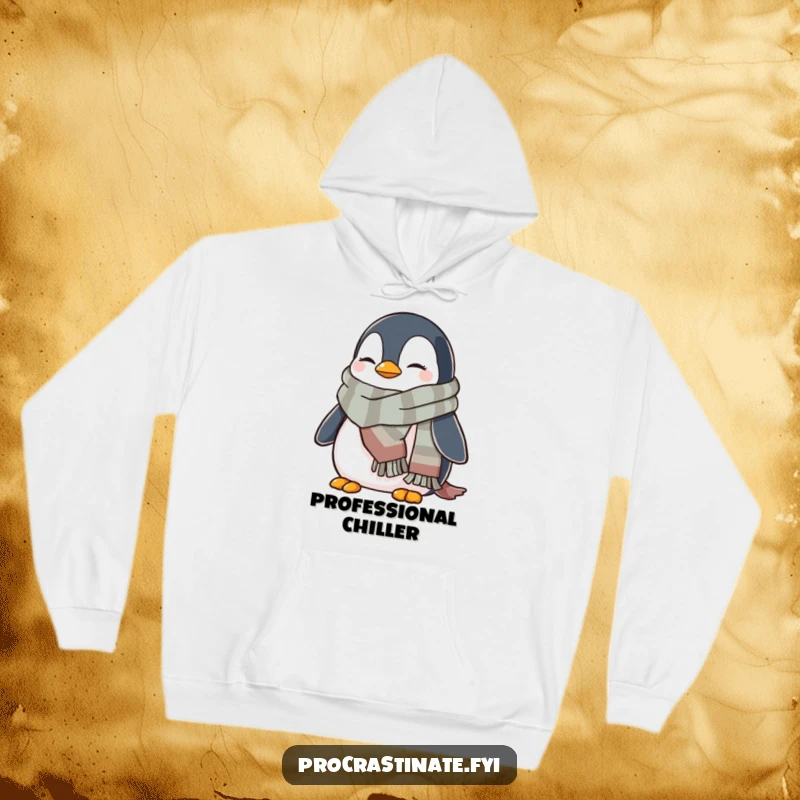 Funny penguin hoodie featuring a cozy penguin wrapped in a warm scarf, looking relaxed and ready for winter fun.