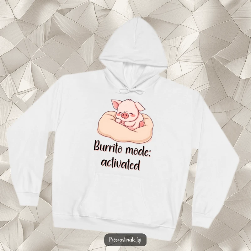 Funny piglet hoodie depicting a happy piglet rolling ecstatically in a pile of soft blankets, symbolizing ultimate comfort and carefree fun.