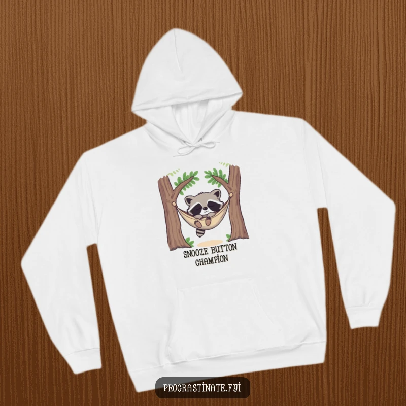 Funny happy raccoon deeply asleep in a cozy hammock strung between two trees, looking utterly content on this warm hoodie.