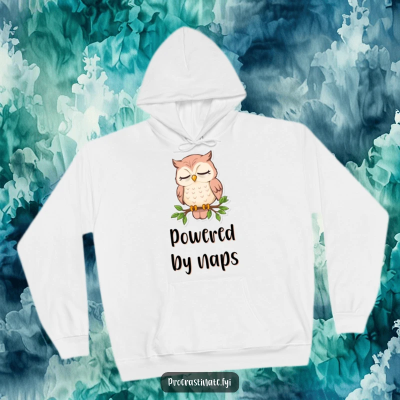 Funny sleepy owl hoodie showing an owl nodding off on a small branch, perfect for those who cherish their sleep.