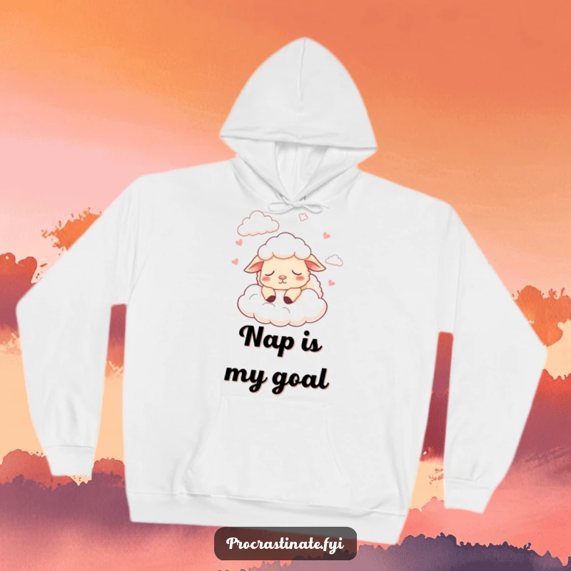 Funny hoodie with a cartoon sheep leisurely counting fluffy clouds and getting sleepy, ultra soft.