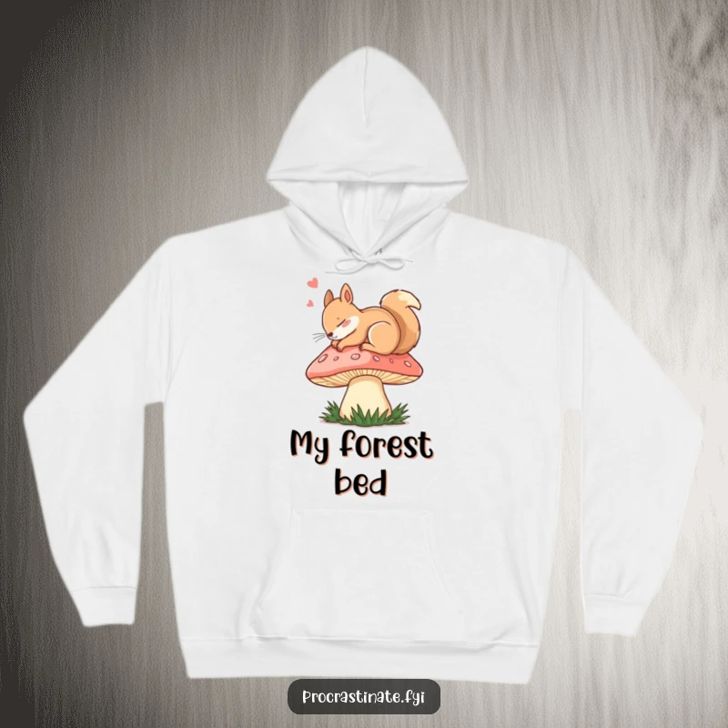 Funny dozing squirrel asleep on a giant mushroom cap, featured on a soft and warm hoodie.