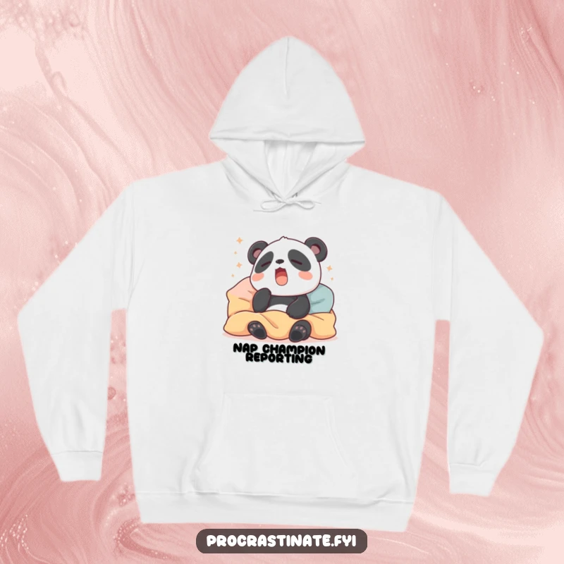 Funny hoodie depicting a yawning panda surrounded by plush pillows and blankets, exuding extreme comfort and a desire to sleep.